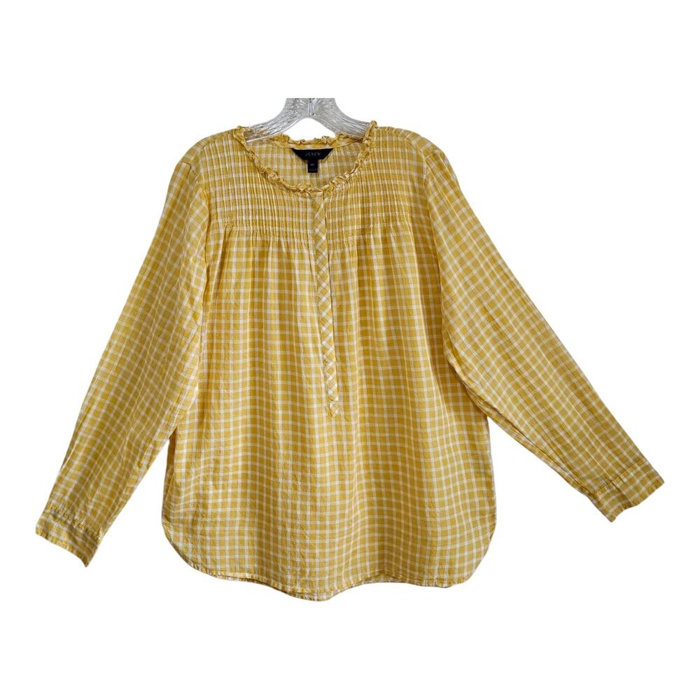 J CREW Women's Tall 14 14T Blouse Gingham Yellow White 1/2 Buttons Pintuck 46"